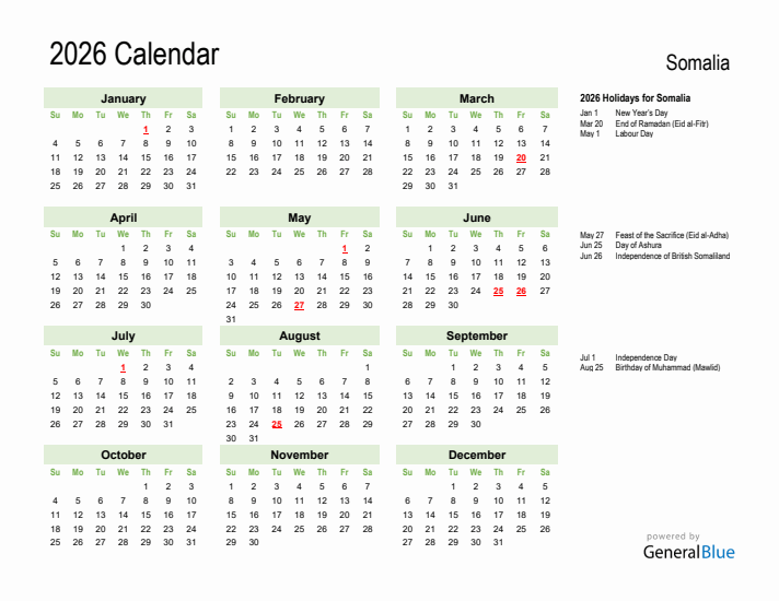 Holiday Calendar 2026 for Somalia (Sunday Start)