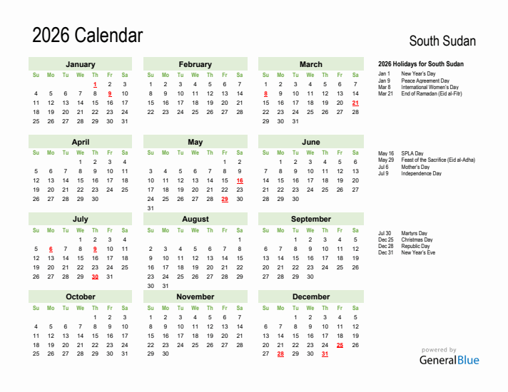 Holiday Calendar 2026 for South Sudan (Sunday Start)