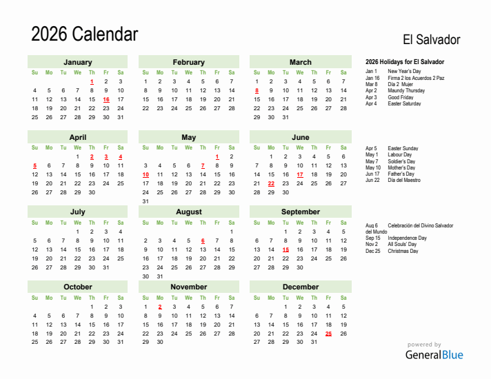 Holiday Calendar 2026 for El Salvador (Sunday Start)
