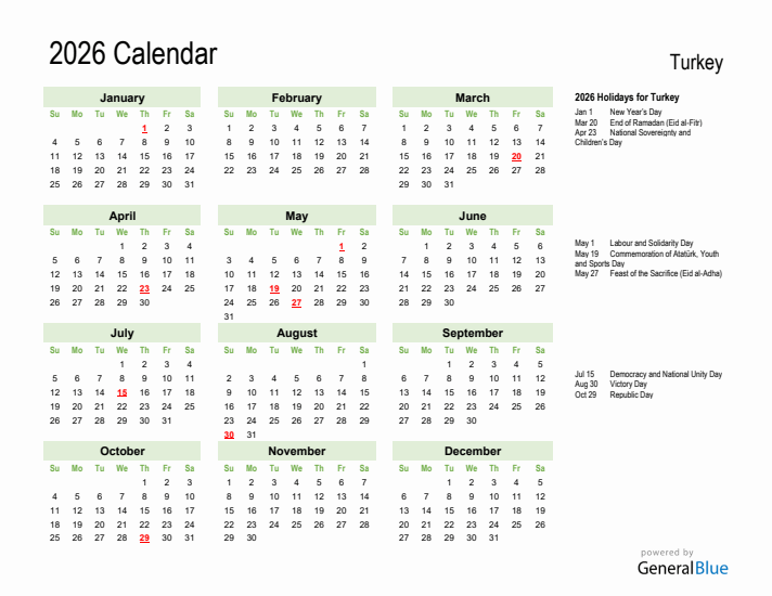 Holiday Calendar 2026 for Turkey (Sunday Start)