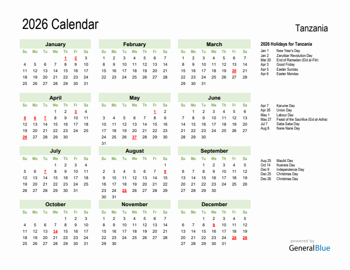 Holiday Calendar 2026 for Tanzania (Sunday Start)