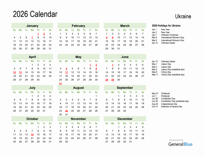 Holiday Calendar 2026 for Ukraine (Sunday Start)