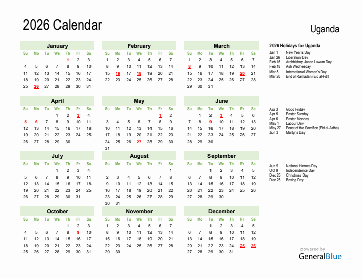 Holiday Calendar 2026 for Uganda (Sunday Start)