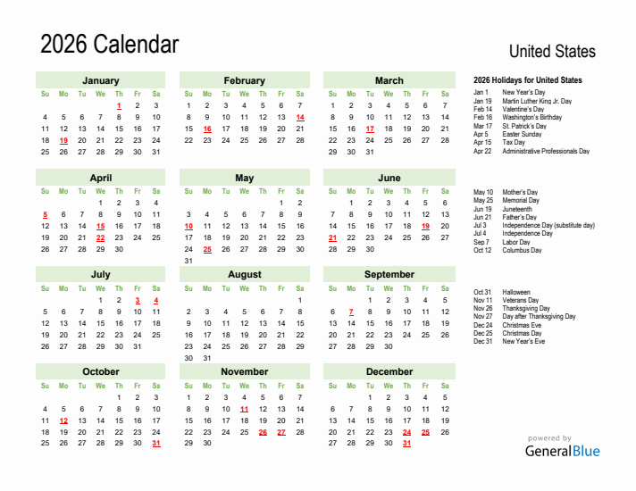 Holiday Calendar 2026 for United States (Sunday Start)