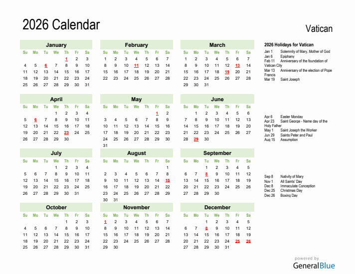 Holiday Calendar 2026 for Vatican (Sunday Start)