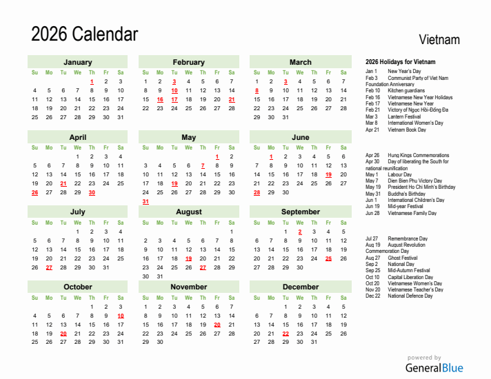 Holiday Calendar 2026 for Vietnam (Sunday Start)