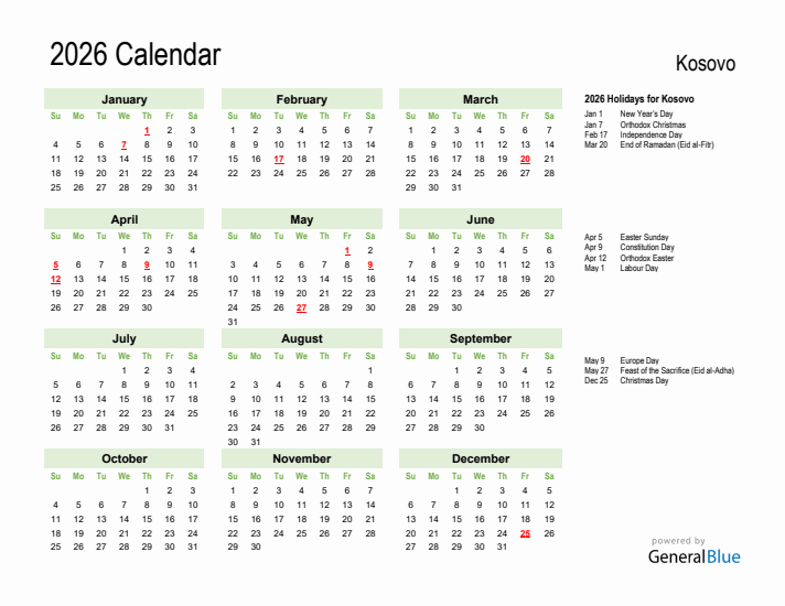 Holiday Calendar 2026 for Kosovo (Sunday Start)