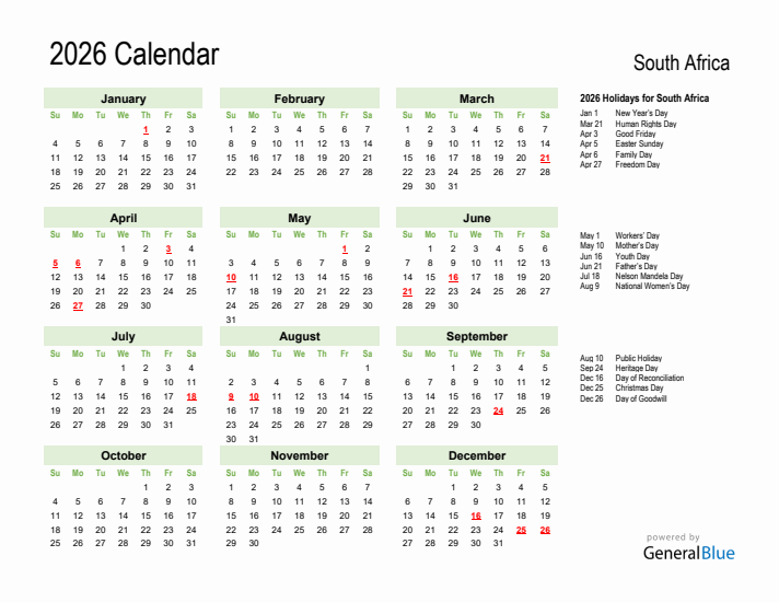Holiday Calendar 2026 for South Africa (Sunday Start)