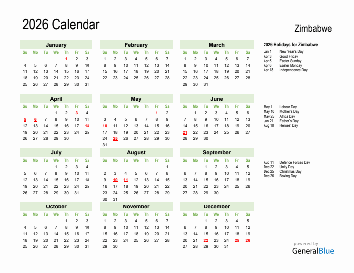 Holiday Calendar 2026 for Zimbabwe (Sunday Start)