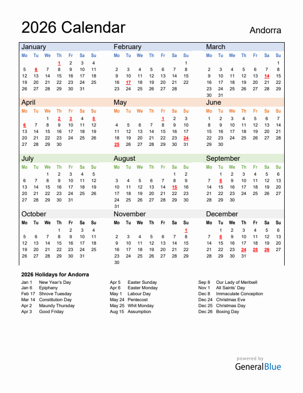 Calendar 2026 with Andorra Holidays