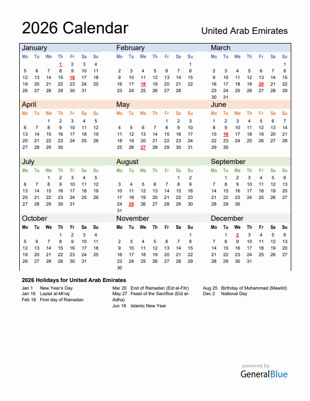Calendar 2026 with United Arab Emirates Holidays