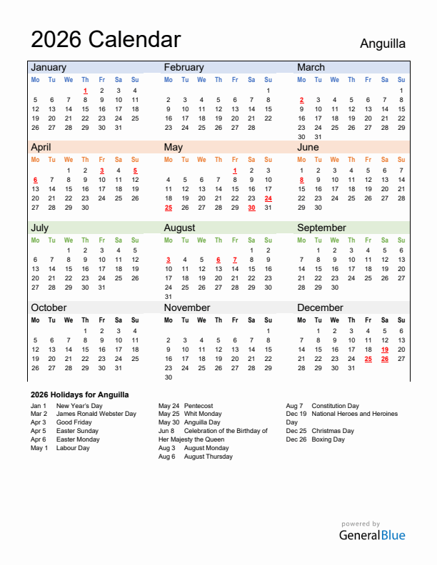 Calendar 2026 with Anguilla Holidays