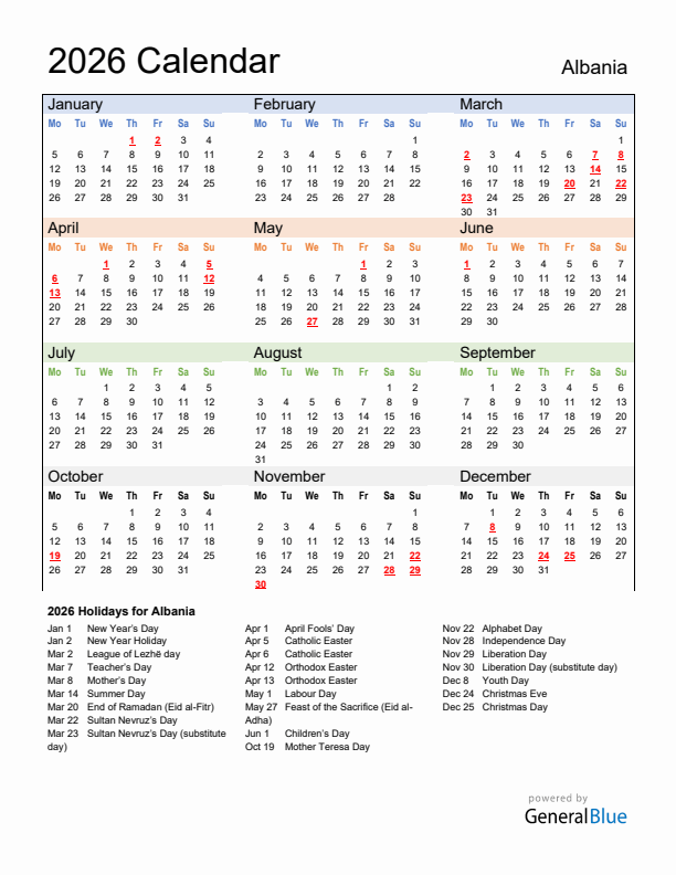 Calendar 2026 with Albania Holidays