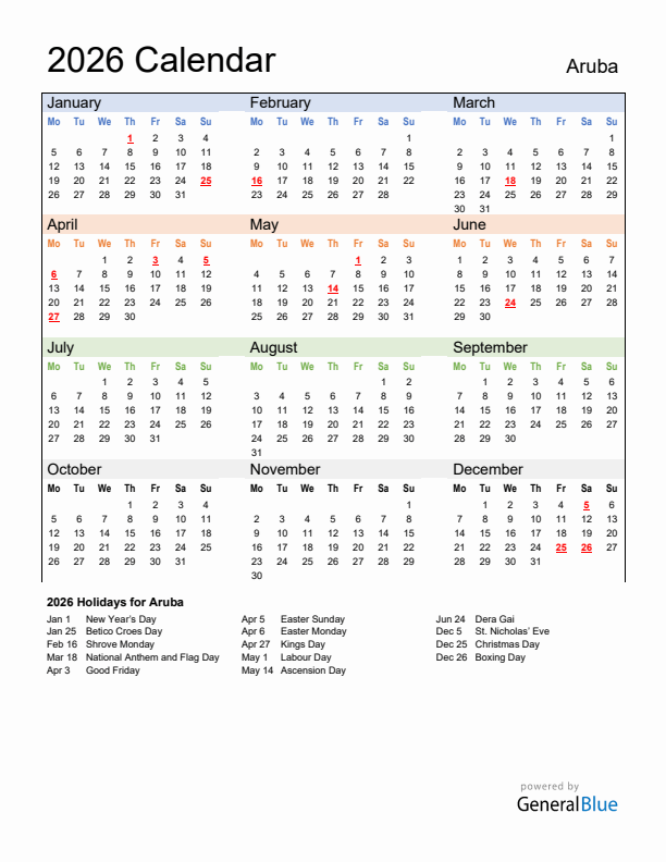 Calendar 2026 with Aruba Holidays