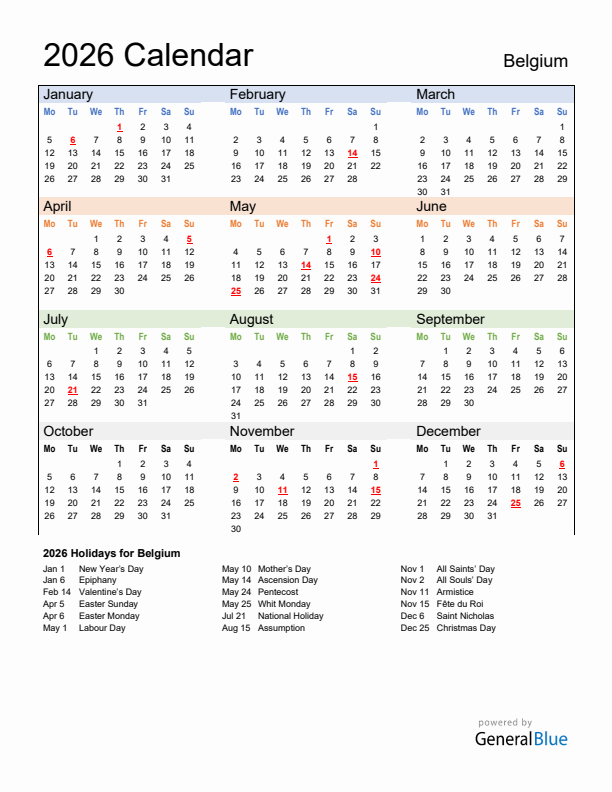 Calendar 2026 with Belgium Holidays