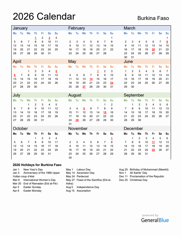 Calendar 2026 with Burkina Faso Holidays