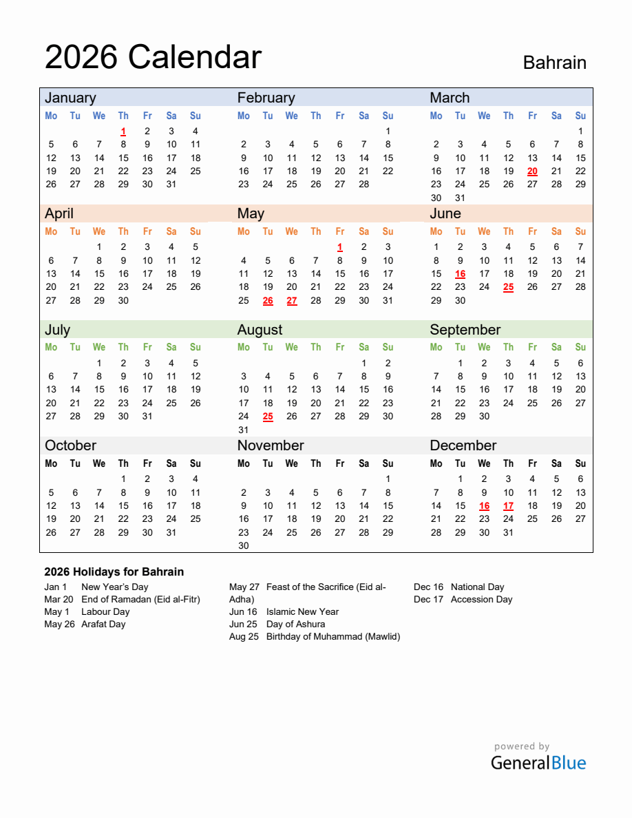 Annual Calendar 2026 with Bahrain Holidays