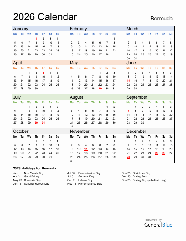 Calendar 2026 with Bermuda Holidays
