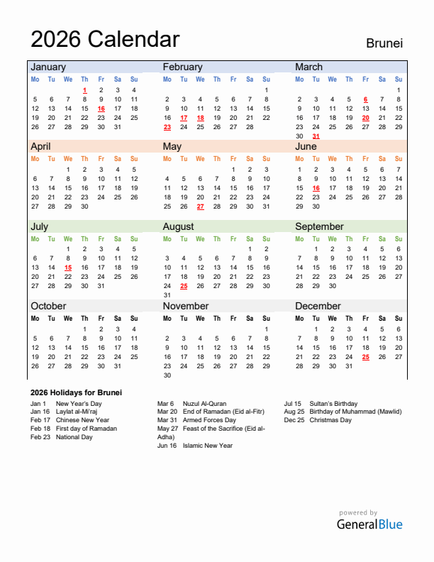 Calendar 2026 with Brunei Holidays