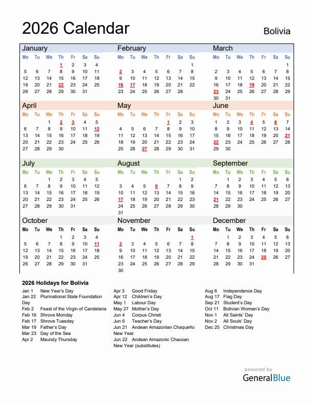 Calendar 2026 with Bolivia Holidays