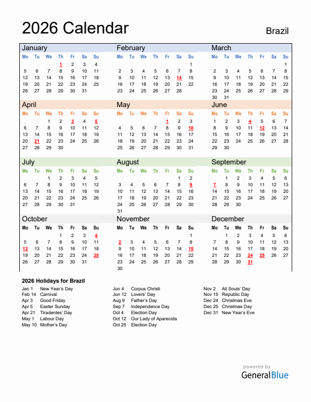 Calendar 2026 with Brazil Holidays