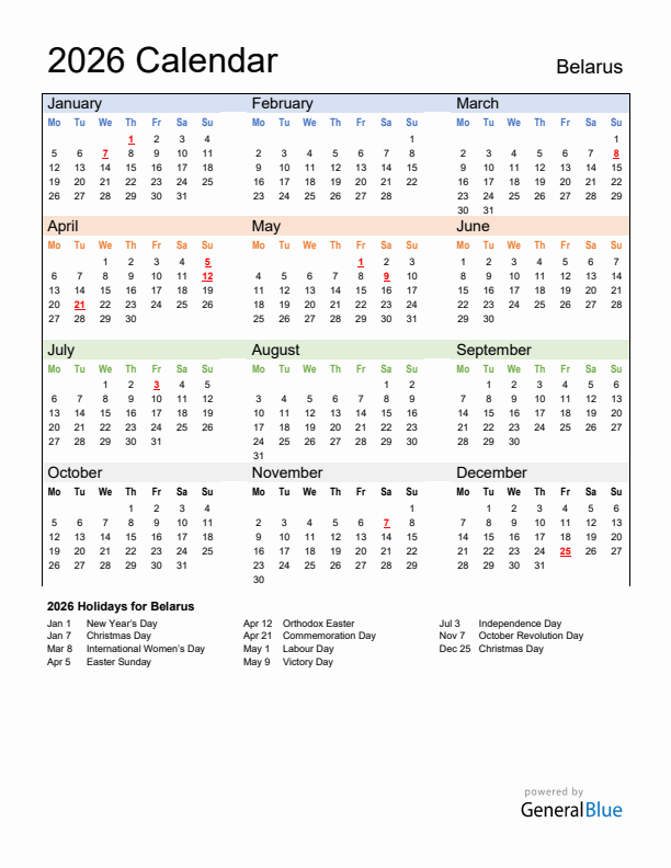 Calendar 2026 with Belarus Holidays