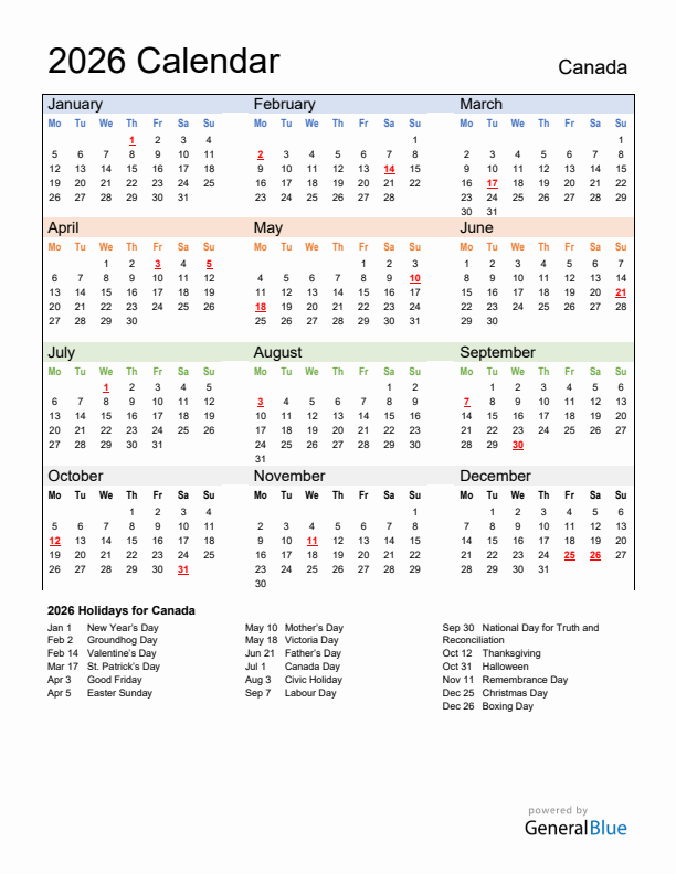 Calendar 2026 with Canada Holidays