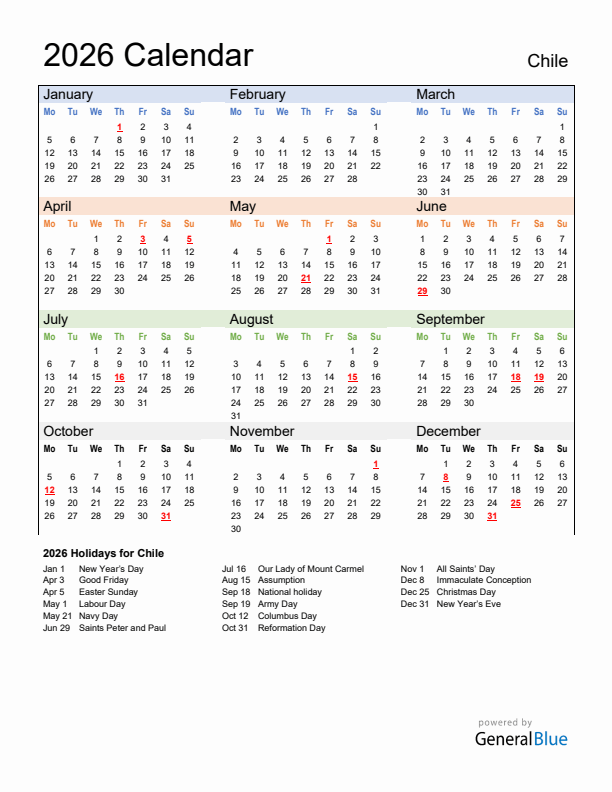 Annual Calendar 2026 With Chile Holidays