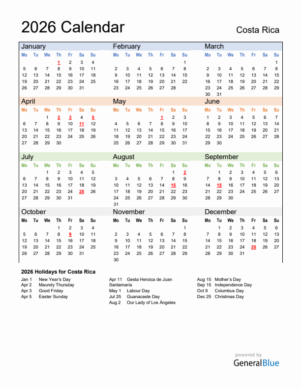 Calendar 2026 with Costa Rica Holidays