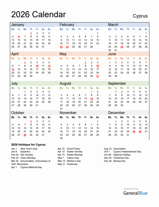 Calendar 2026 with Cyprus Holidays