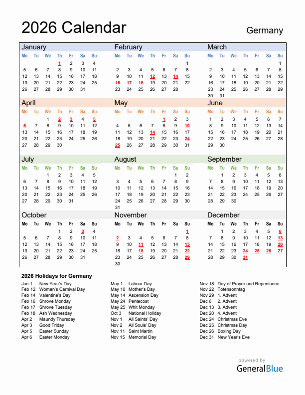 Calendar 2026 with Germany Holidays