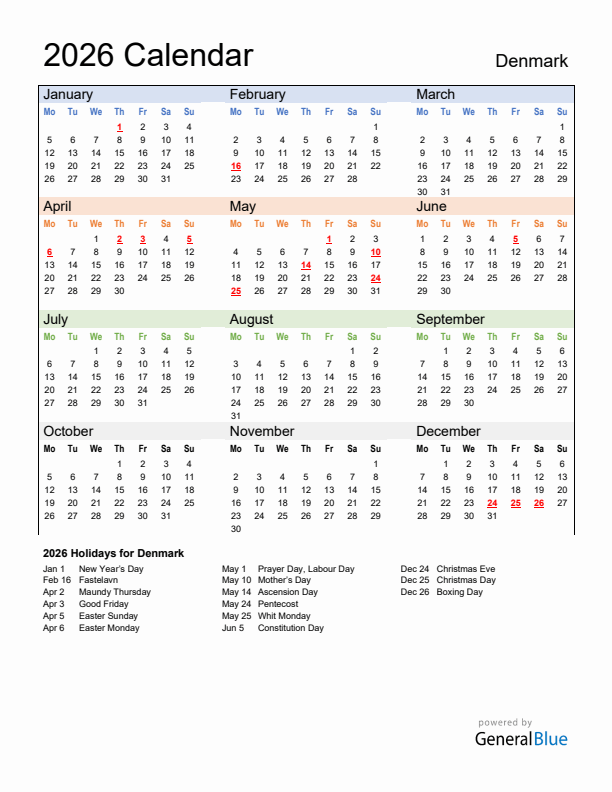 Calendar 2026 with Denmark Holidays