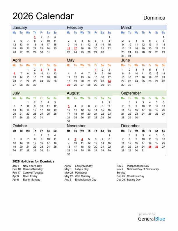 Calendar 2026 with Dominica Holidays