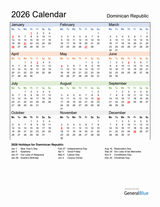Calendar 2026 with Dominican Republic Holidays