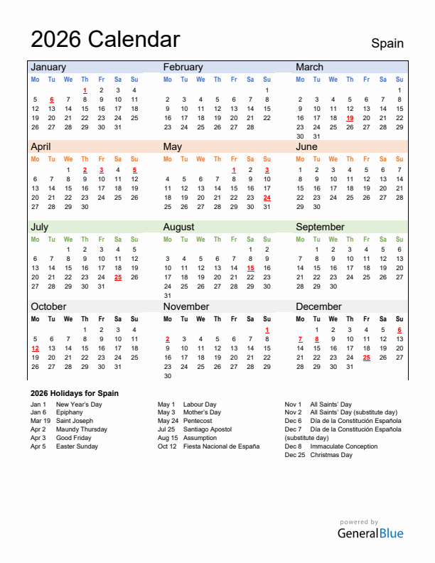 Calendar 2026 with Spain Holidays