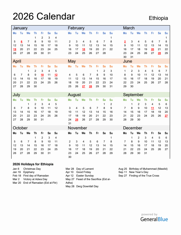Calendar 2026 with Ethiopia Holidays