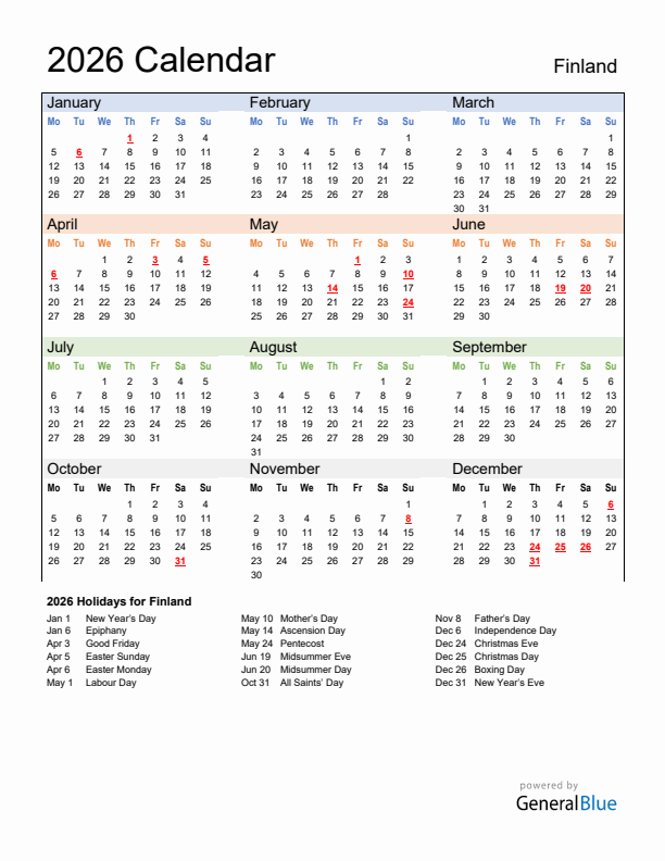 Calendar 2026 with Finland Holidays