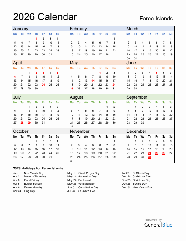 Calendar 2026 with Faroe Islands Holidays