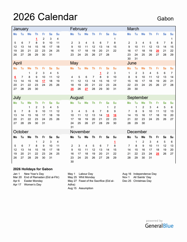 Calendar 2026 with Gabon Holidays