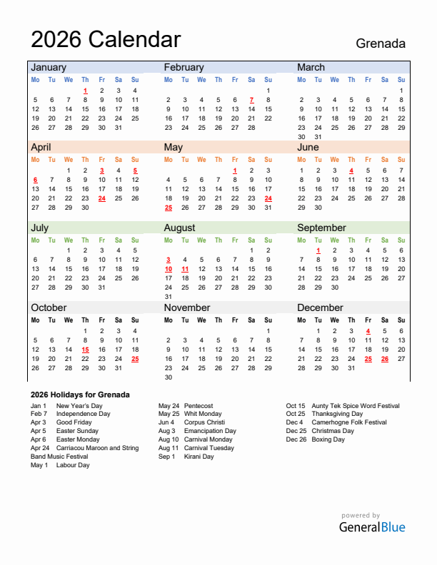 Calendar 2026 with Grenada Holidays