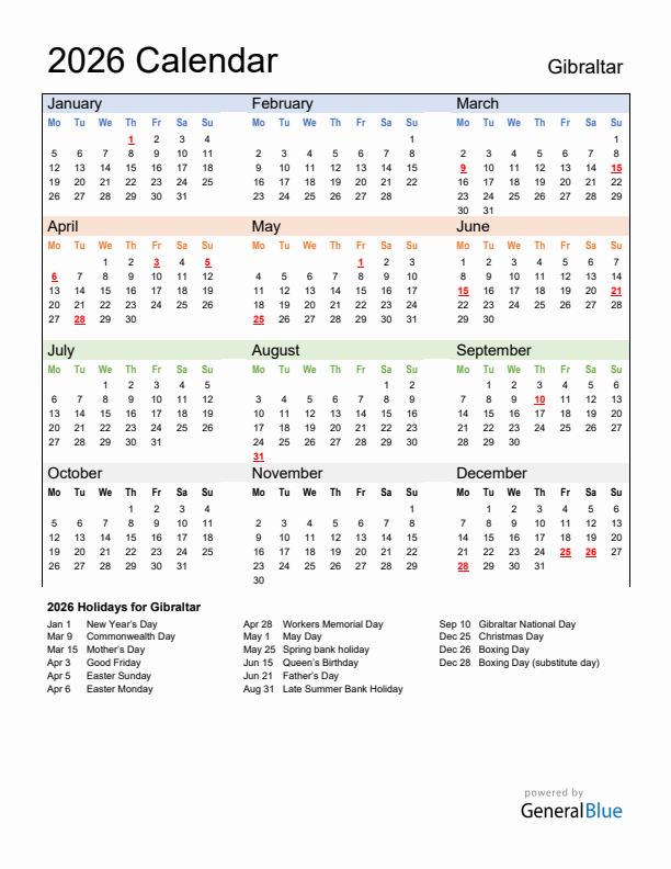 Calendar 2026 with Gibraltar Holidays