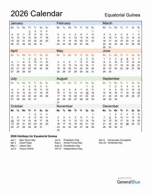Calendar 2026 with Equatorial Guinea Holidays