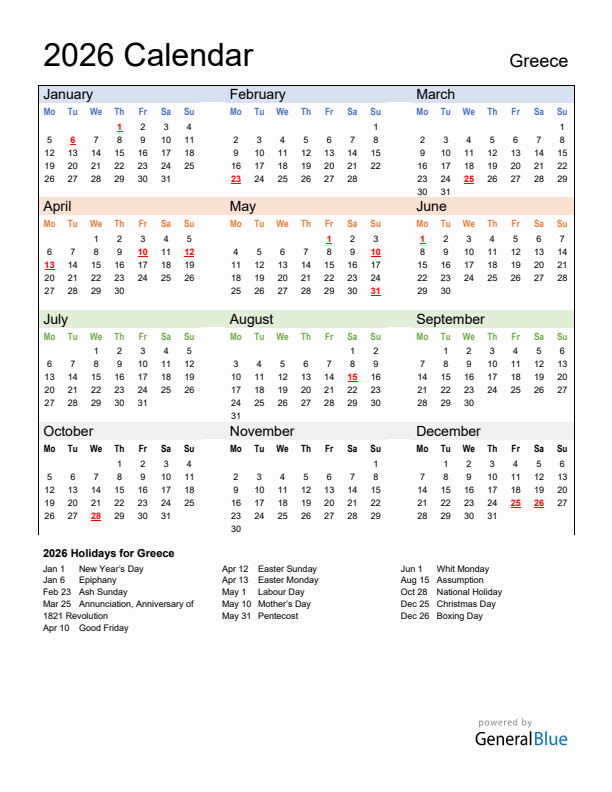 Calendar 2026 with Greece Holidays