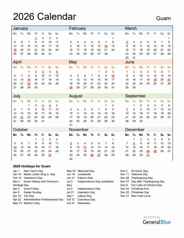 Calendar 2026 with Guam Holidays