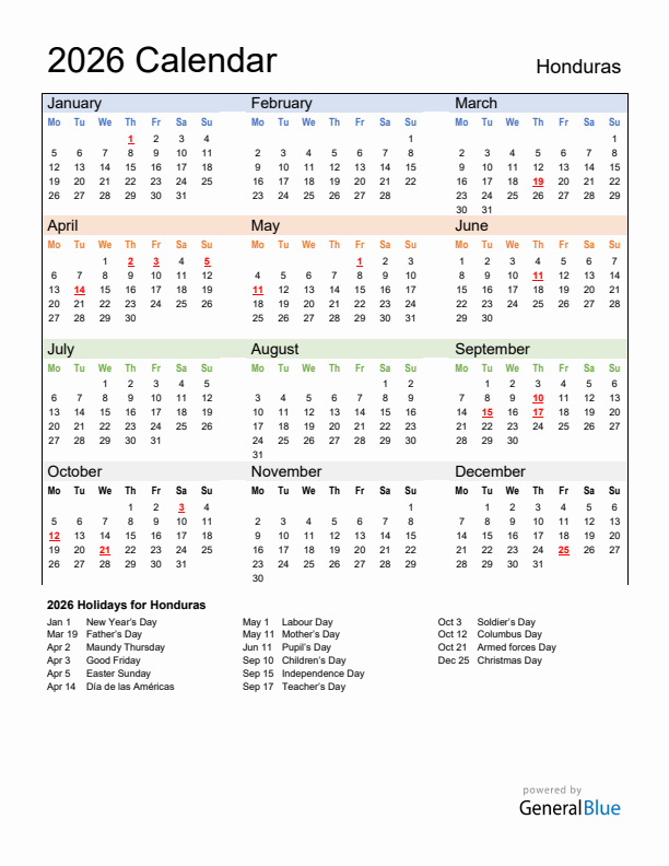 Calendar 2026 with Honduras Holidays
