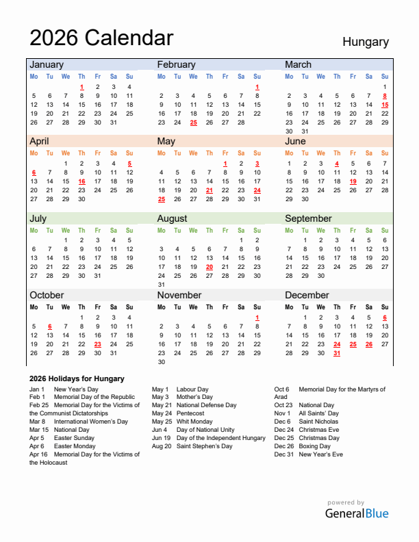 Calendar 2026 with Hungary Holidays