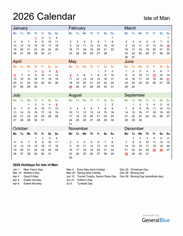 Calendar 2026 with Isle of Man Holidays