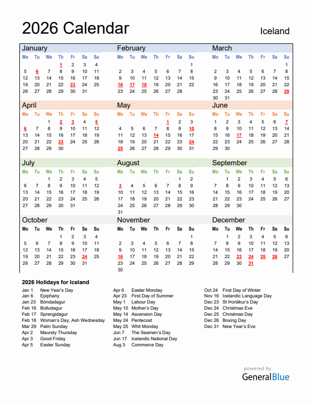 Calendar 2026 with Iceland Holidays