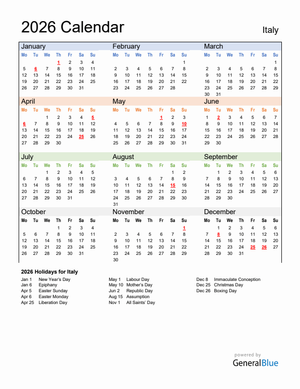 Calendar 2026 with Italy Holidays