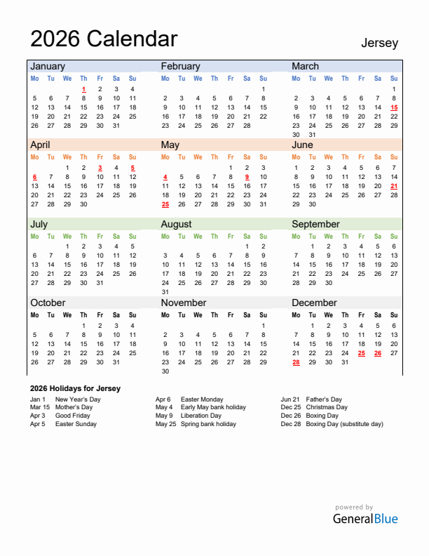 Calendar 2026 with Jersey Holidays